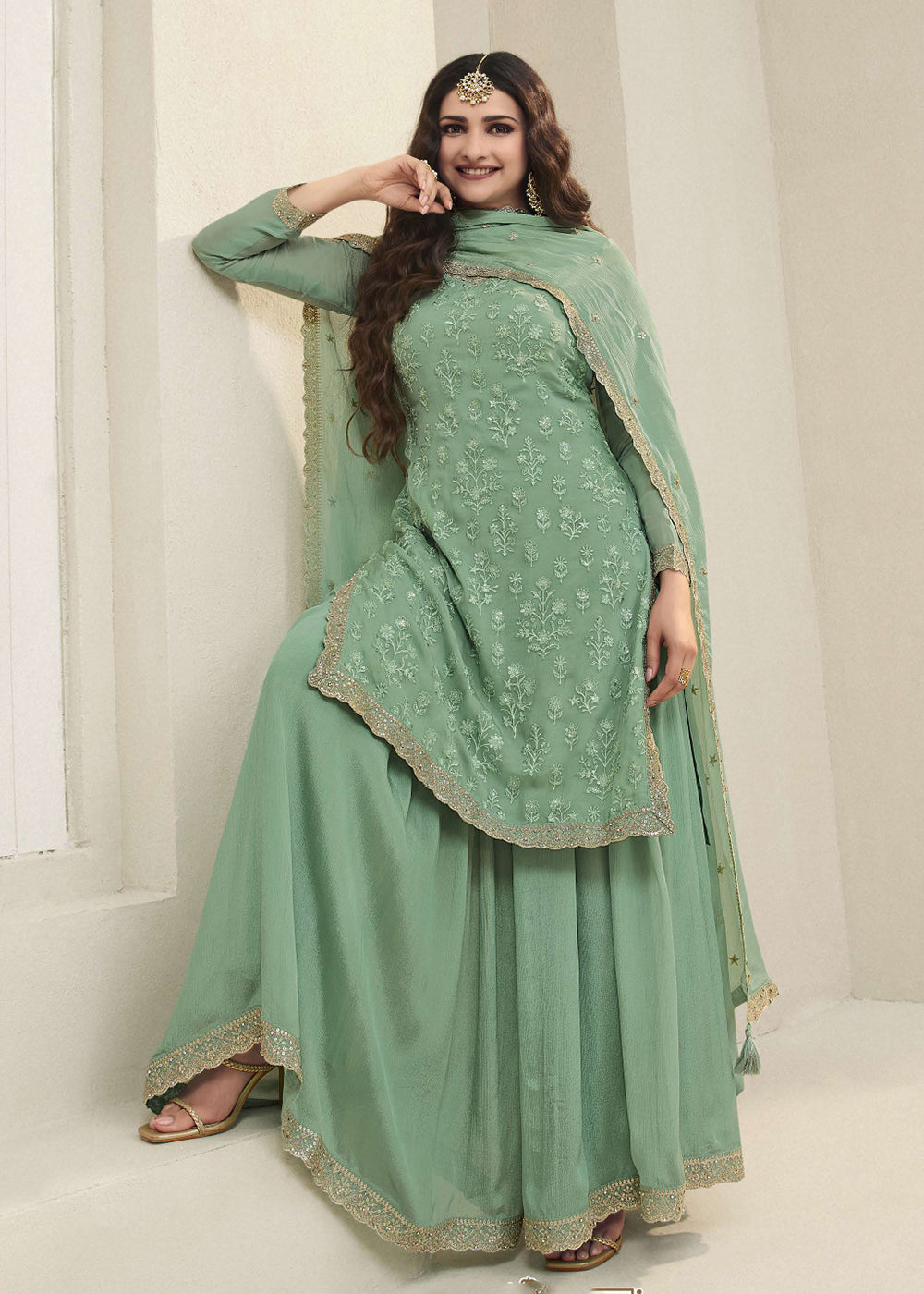 Shop Now Prachi Desai Green Organza Embroidered Sharara Suit Online at Empress Clothing in USA, UK, Canada, Italy & Worldwide. 