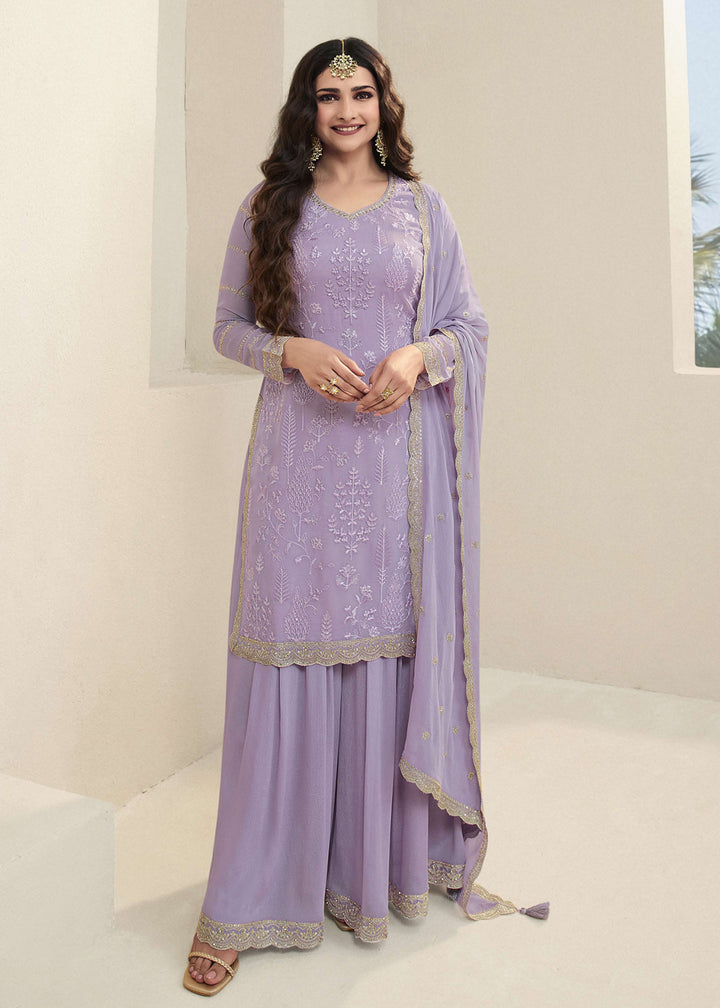 Shop Now Prachi Desai Lavender Organza Embroidered Sharara Suit Online at Empress Clothing in USA, UK, Canada, Italy & Worldwide. 