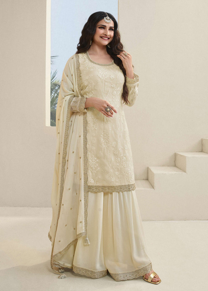 Shop Now Prachi Desai Off White Organza Embroidered Sharara Suit Online at Empress Clothing in USA, UK, Canada, Italy & Worldwide.