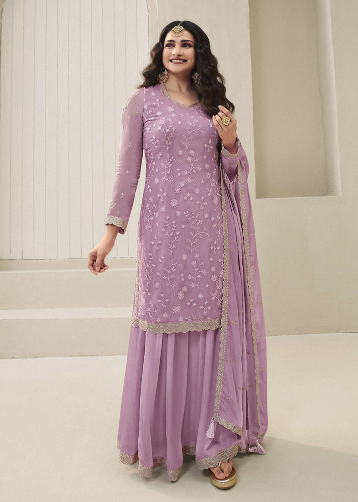 Shop Now Prachi Desai Lilac Organza Embroidered Sharara Suit Online at Empress Clothing in USA, UK, Canada, Italy & Worldwide.