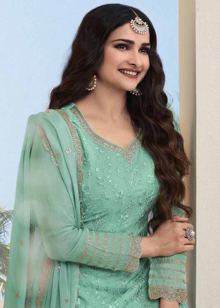 Shop Now Prachi Desai Turquoise Organza Embroidered Sharara Suit Online at Empress Clothing in USA, UK, Canada, Italy & Worldwide. 