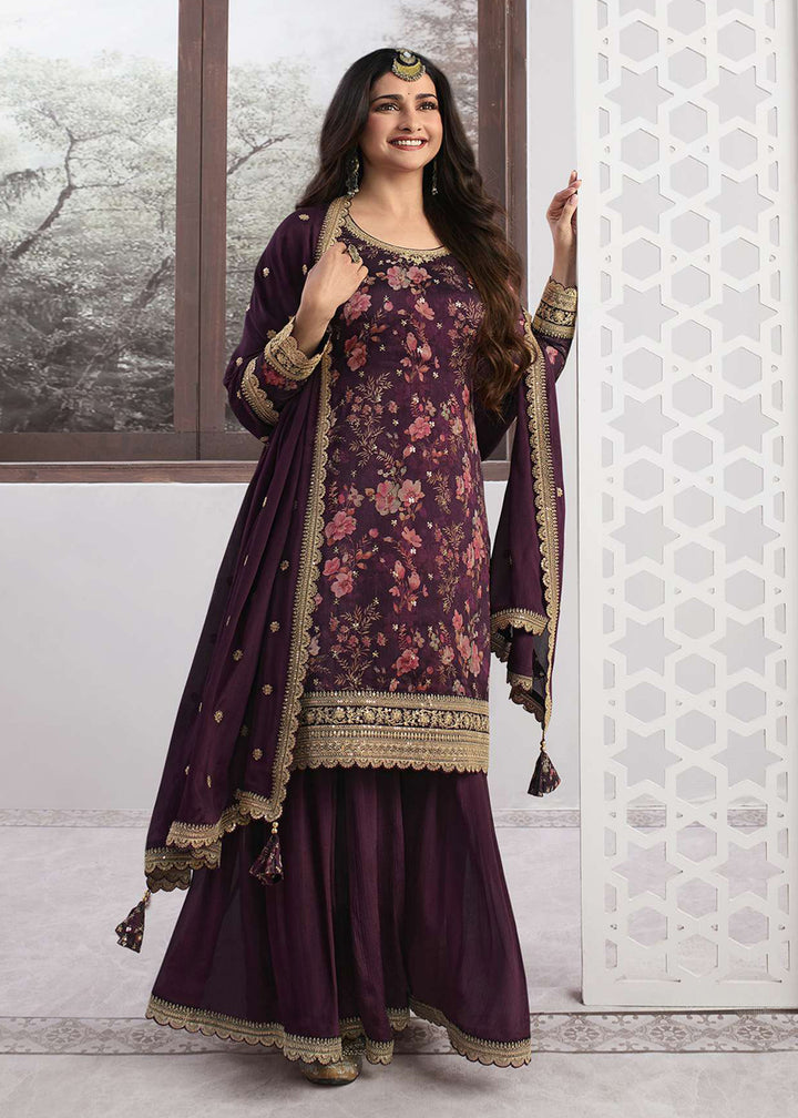 Shop Now Prachi Desai Wine Silk Georgette Embroidered Sharara Suit Online at Empress Clothing in USA, UK, Canada, Italy & Worldwide.