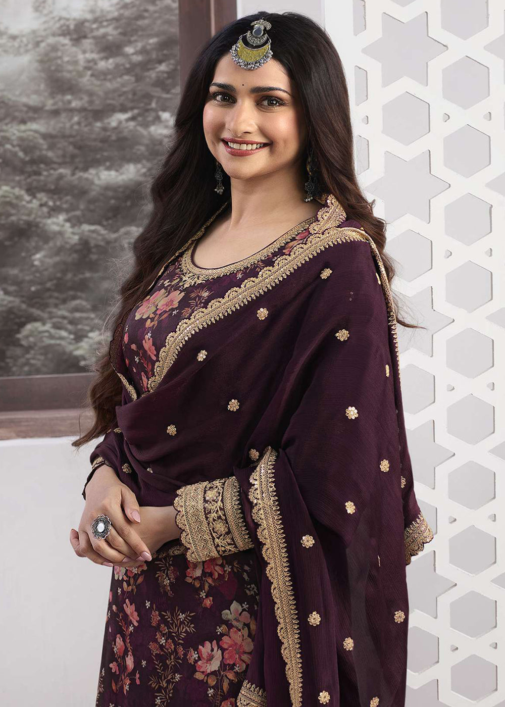 Shop Now Prachi Desai Wine Silk Georgette Embroidered Sharara Suit Online at Empress Clothing in USA, UK, Canada, Italy & Worldwide.