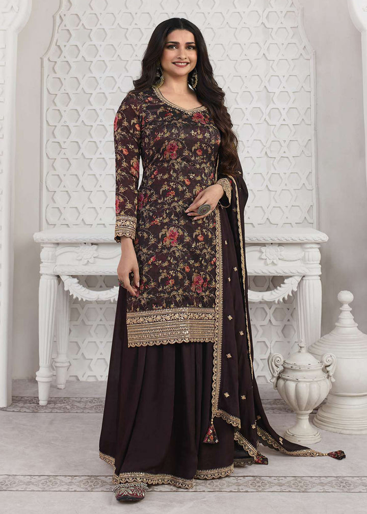 Shop Now Prachi Desai Brown Silk Georgette Embroidered Sharara Suit Online at Empress Clothing in USA, UK, Canada, Italy & Worldwide. 