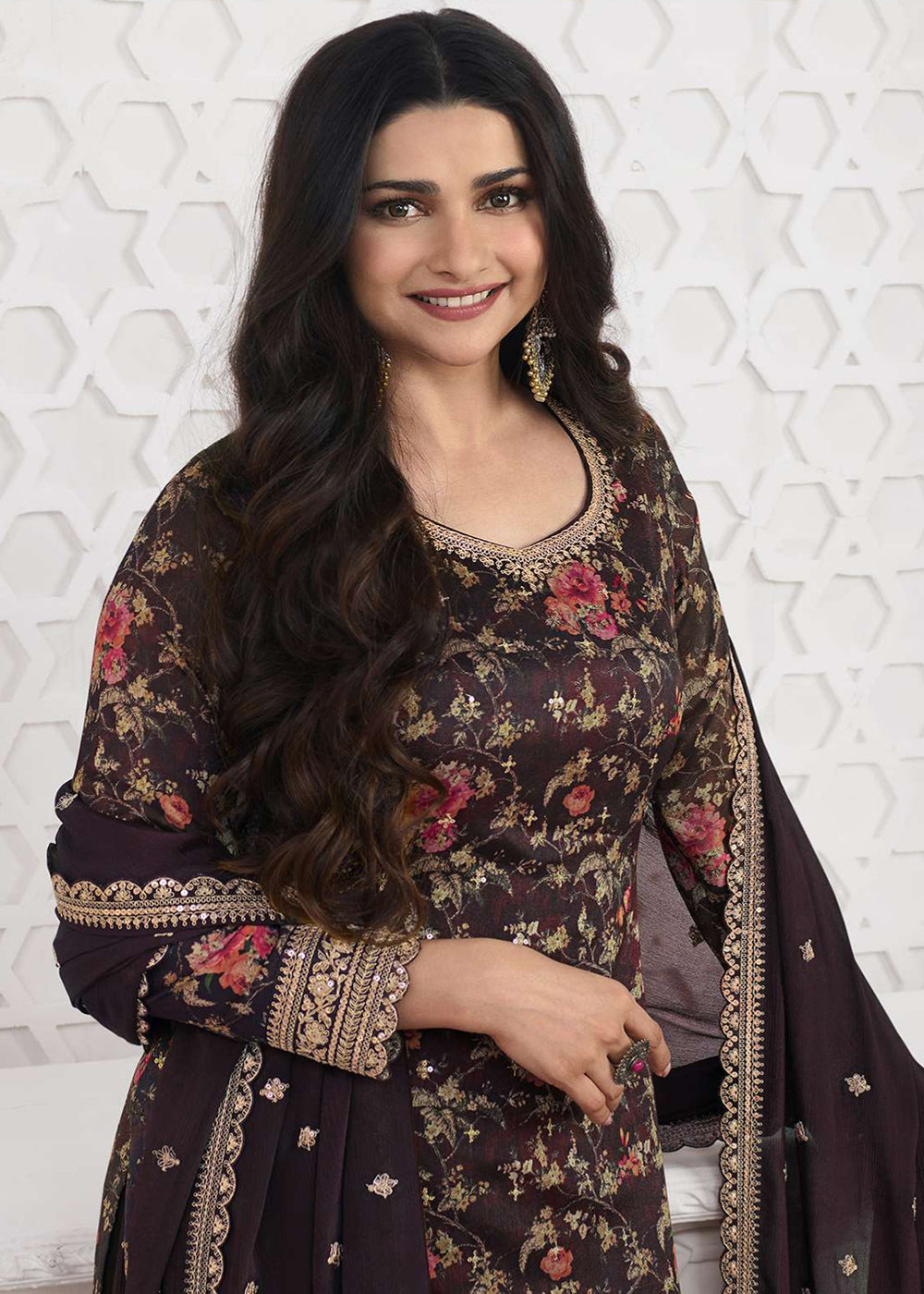 Shop Now Prachi Desai Brown Silk Georgette Embroidered Sharara Suit Online at Empress Clothing in USA, UK, Canada, Italy & Worldwide. 