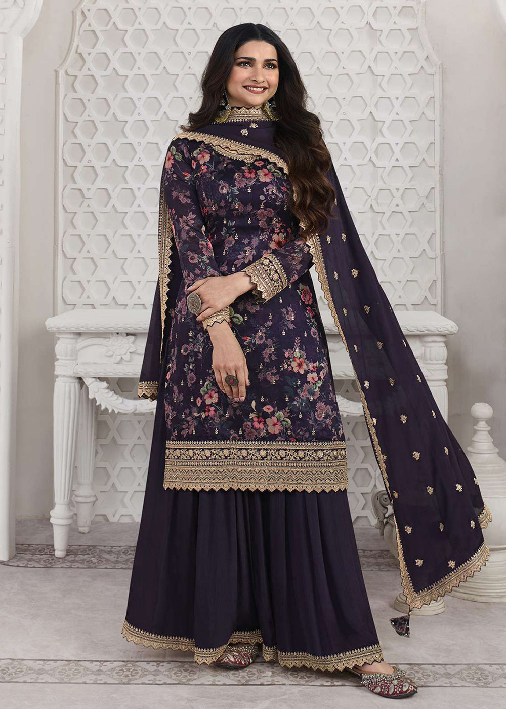 Shop Now Prachi Desai Navy Blue Silk Georgette Embroidered Sharara Suit Online at Empress Clothing in USA, UK, Canada, Italy & Worldwide.