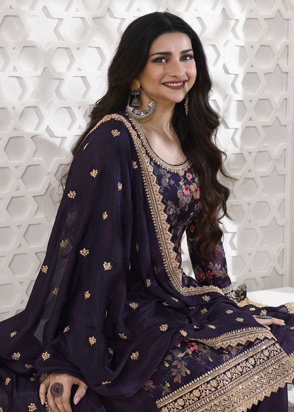 Shop Now Prachi Desai Navy Blue Silk Georgette Embroidered Sharara Suit Online at Empress Clothing in USA, UK, Canada, Italy & Worldwide.