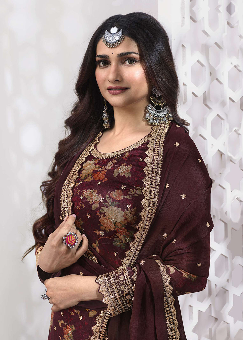 Shop Now Prachi Desai Maroon Silk Georgette Embroidered Sharara Suit Online at Empress Clothing in USA, UK, Canada, Italy & Worldwide.