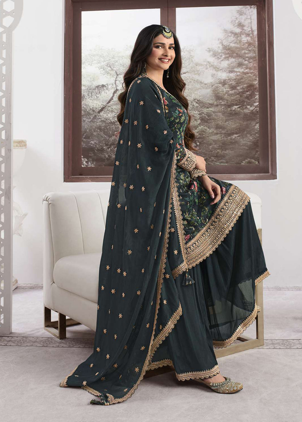 Shop Now Prachi Desai Teal Green Silk Georgette Embroidered Sharara Suit Online at Empress Clothing in USA, UK, Canada, Italy & Worldwide.