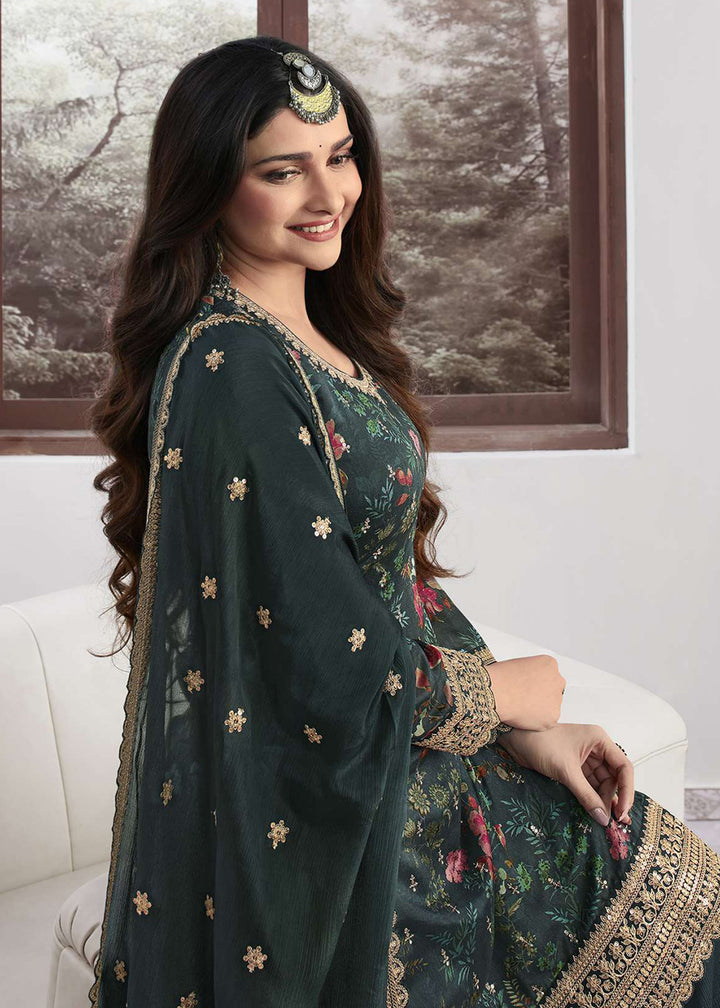 Shop Now Prachi Desai Teal Green Silk Georgette Embroidered Sharara Suit Online at Empress Clothing in USA, UK, Canada, Italy & Worldwide.