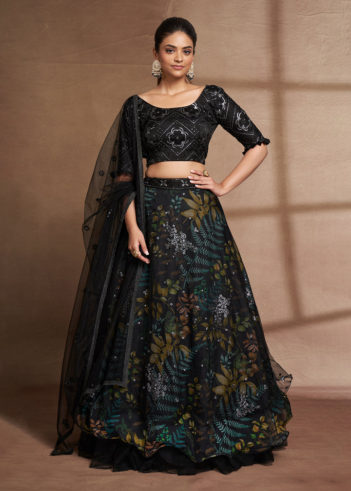 Buy Now Lovely Black Floral Digital Printed & Embroidered Lehenga Choli Online in USA, UK, Canada & Worldwide at Empress Clothing.