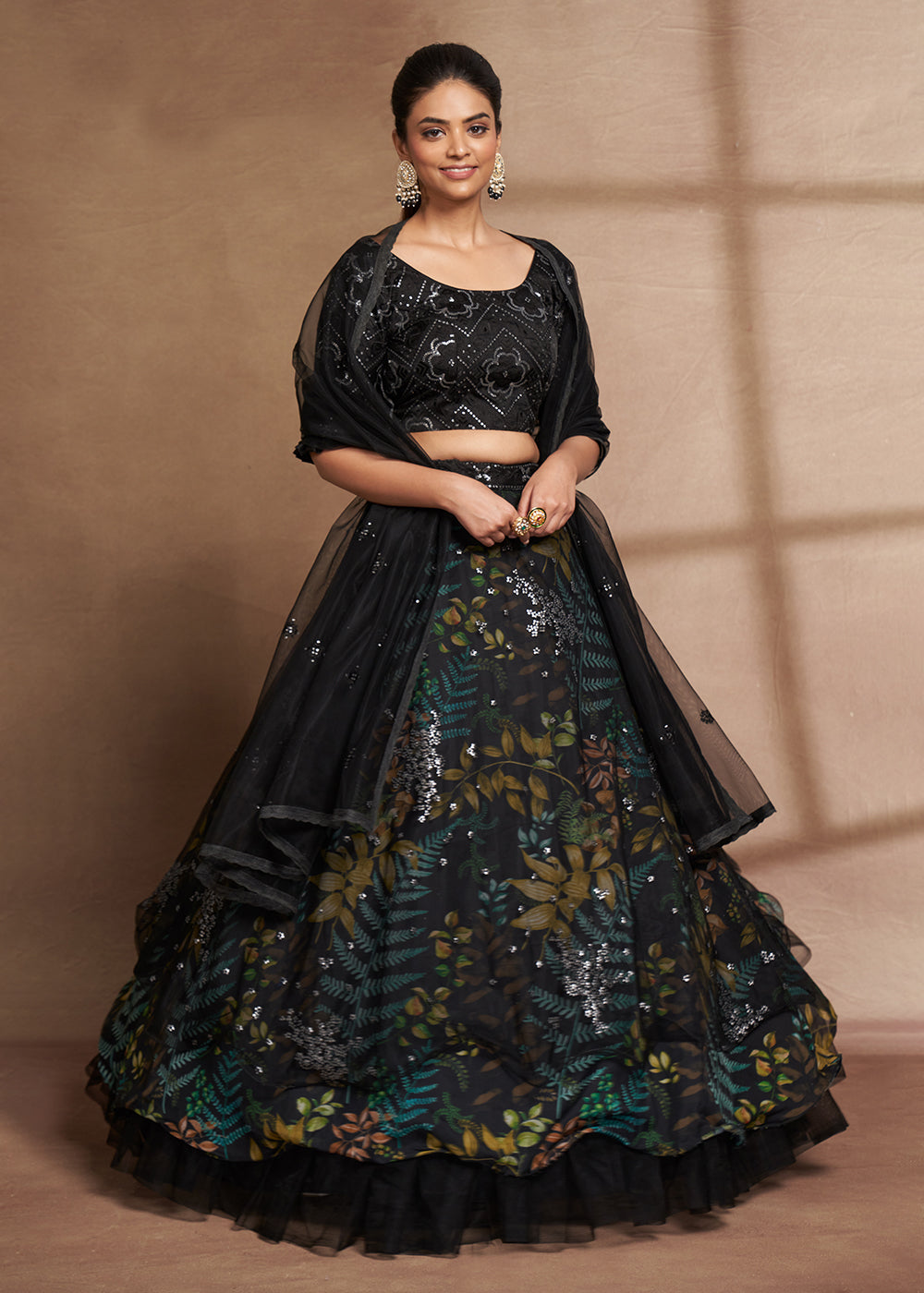 Buy Now Lovely Black Floral Digital Printed & Embroidered Lehenga Choli Online in USA, UK, Canada & Worldwide at Empress Clothing.