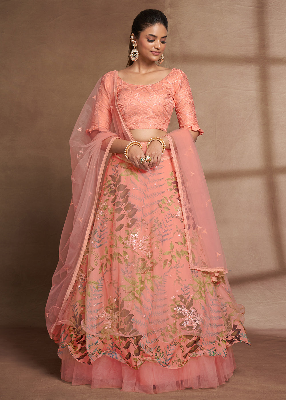 Buy Now Lovely Peach Floral Digital Printed & Embroidered Lehenga Choli Online in USA, UK, Canada & Worldwide at Empress Clothing. 