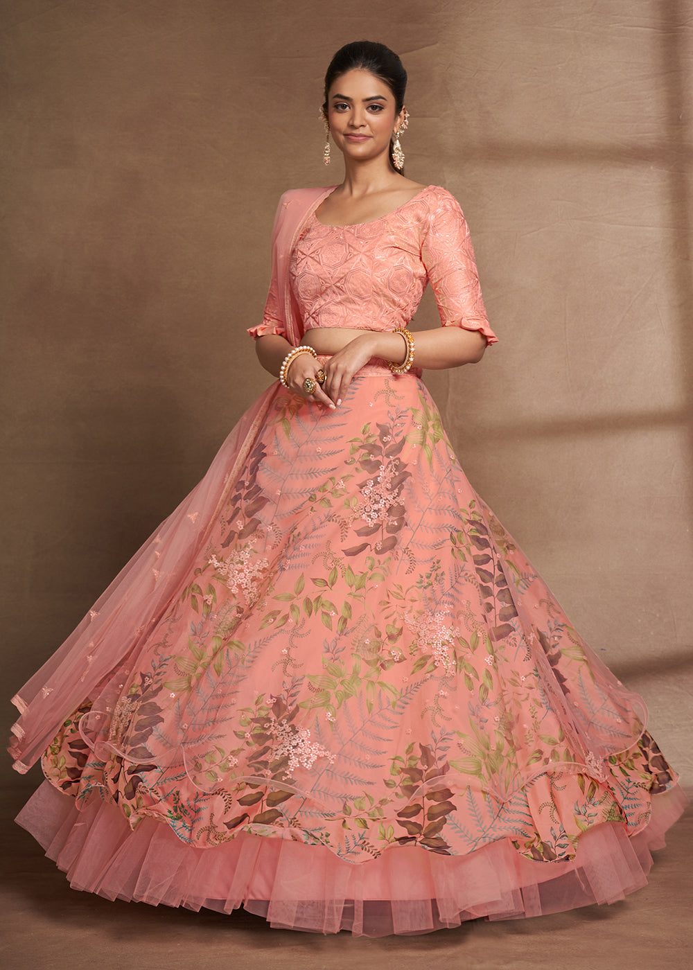 Buy Now Lovely Peach Floral Digital Printed & Embroidered Lehenga Choli Online in USA, UK, Canada & Worldwide at Empress Clothing. 
