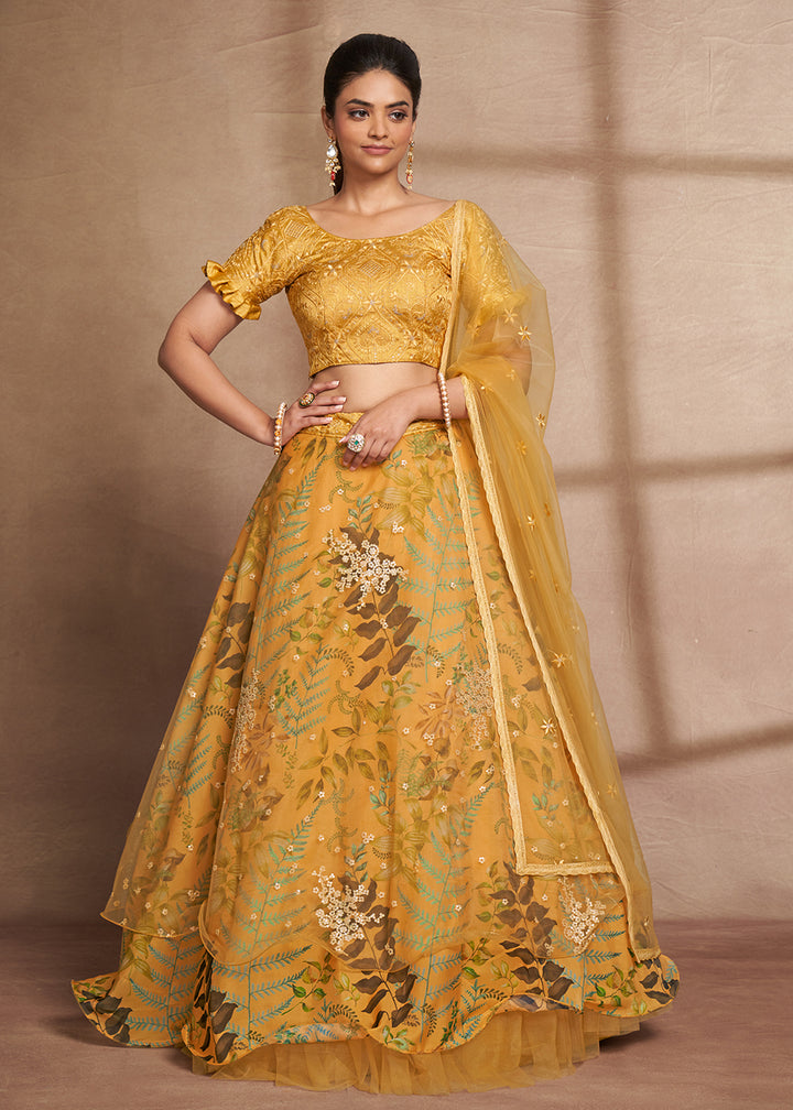 Buy Now Lovely Yellow Floral Digital Printed & Embroidered Lehenga Choli Online in USA, UK, Canada & Worldwide at Empress Clothing.