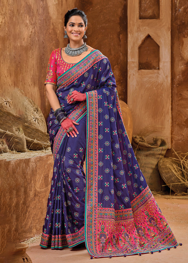 Buy Now Purple Kachhi Work Embroidered Traditional Banarasi Saree Online in USA, UK, Canada & Worldwide at Empress Clothing. 