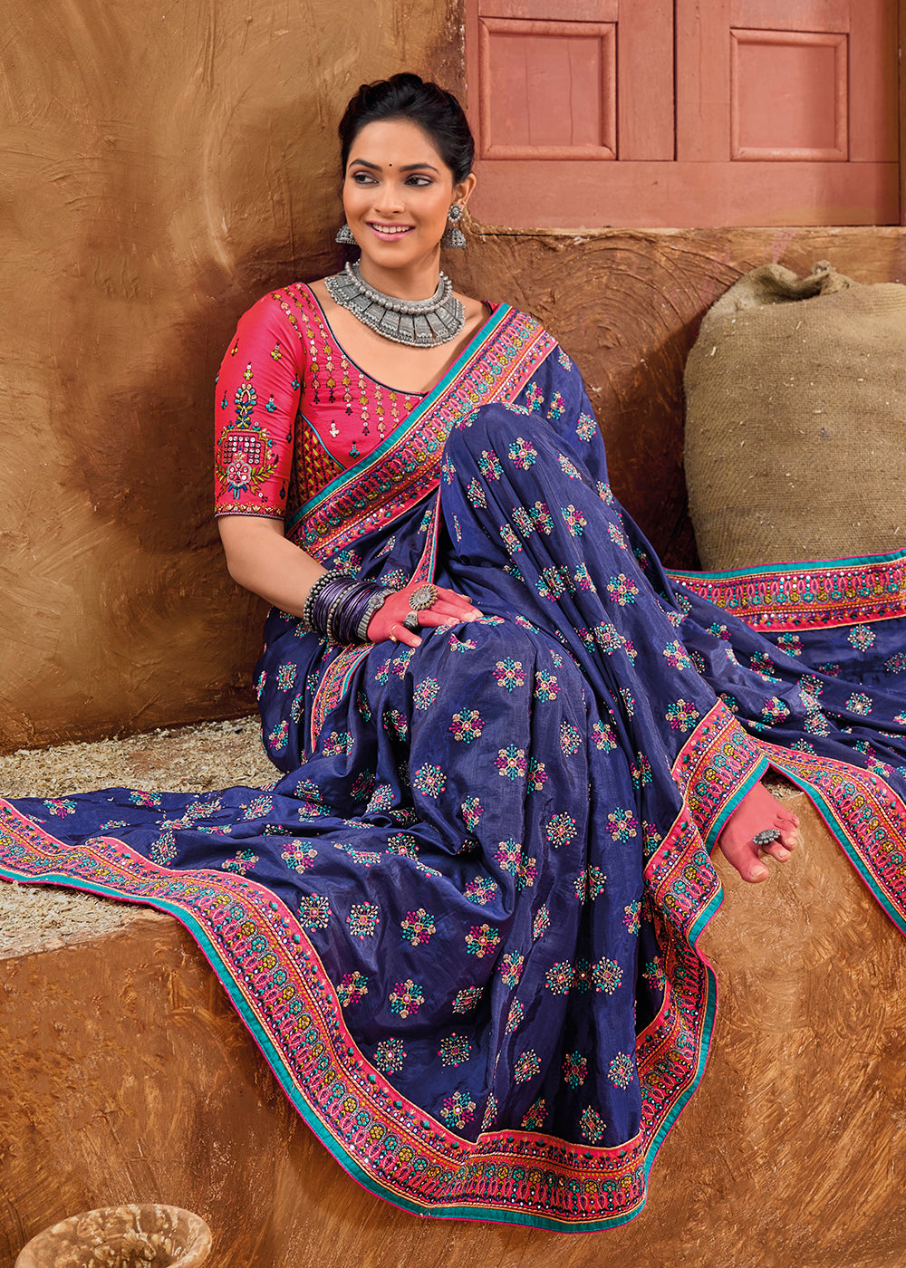 Indigo Purple Banarasi Silk Saree with Mirror, Diamond & Kachhi work –  Ethnos