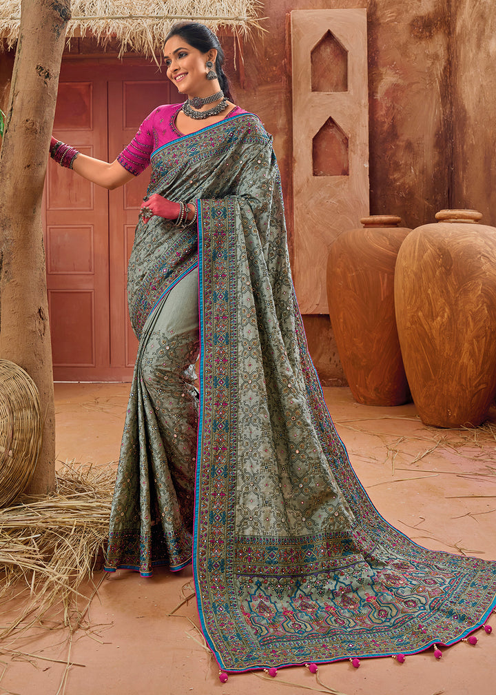 Buy Now Green Kachhi Work Embroidered Traditional Banarasi Saree Online in USA, UK, Canada & Worldwide at Empress Clothing