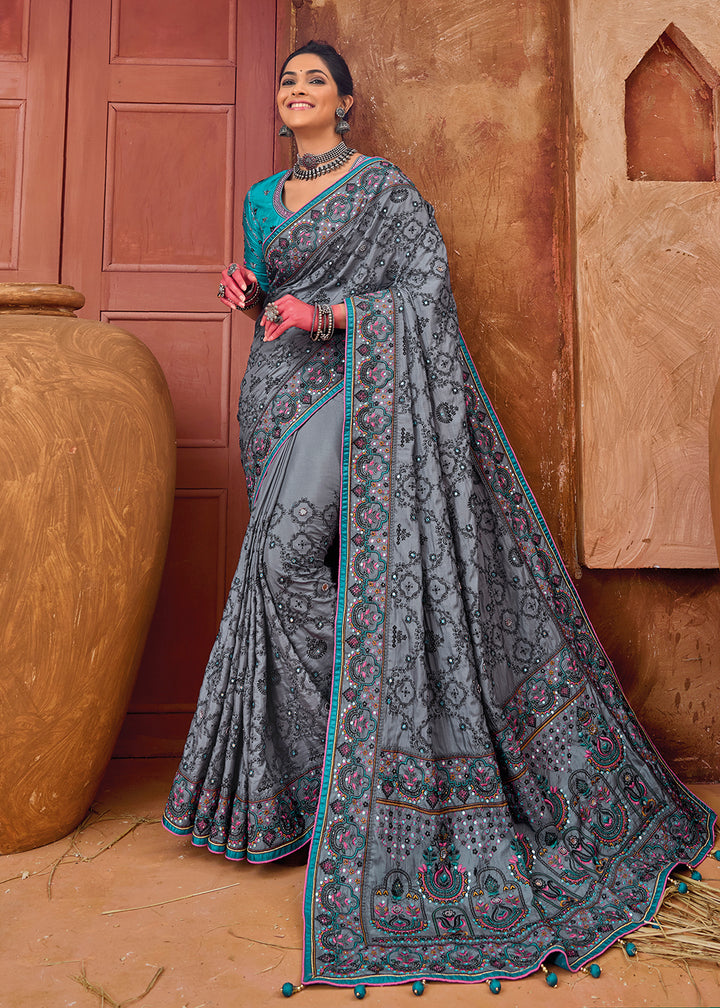 Buy Now Grey Kachhi Work Embroidered Traditional Banarasi Saree Online in USA, UK, Canada & Worldwide at Empress Clothing. 