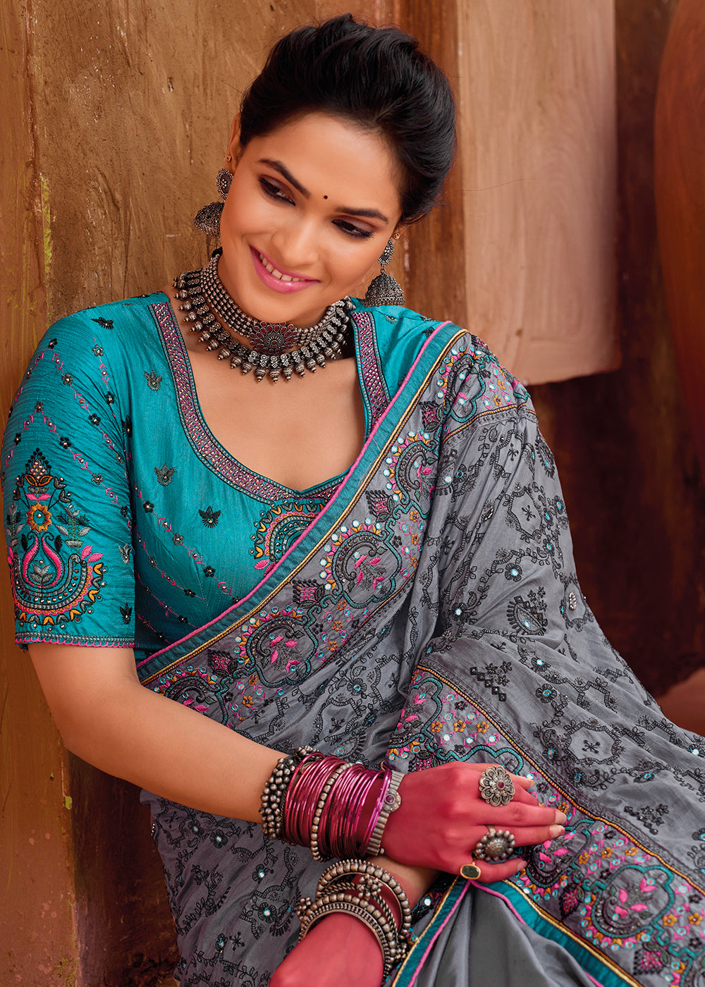 Buy Now Grey Kachhi Work Embroidered Traditional Banarasi Saree Online in USA, UK, Canada & Worldwide at Empress Clothing. 