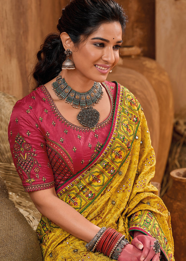 Buy Now Yellow Kachhi & Mirror Work Traditional Banarasi Saree Online in USA, UK, Canada & Worldwide at Empress Clothing.