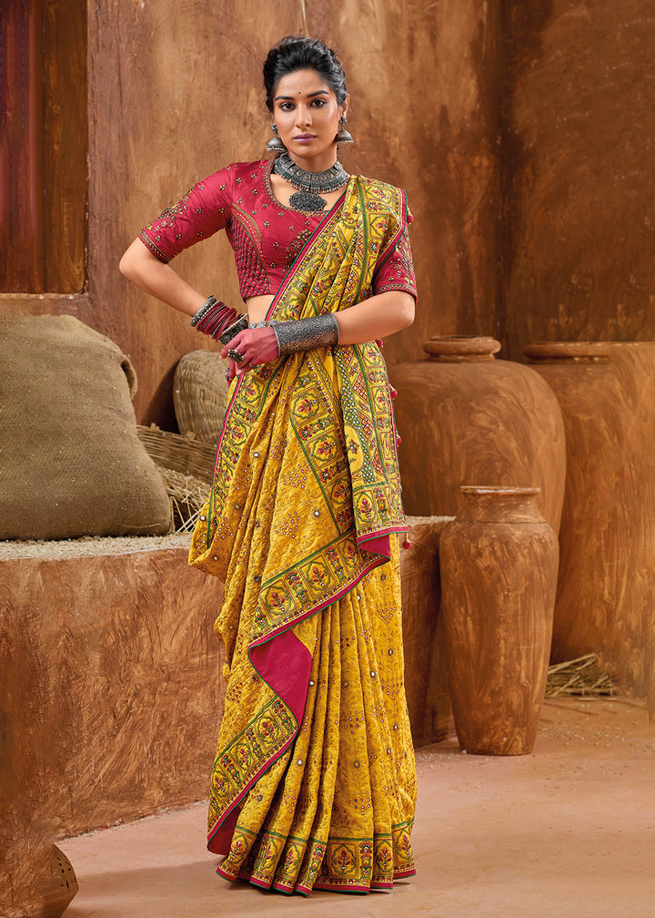 Buy Now Yellow Kachhi & Mirror Work Traditional Banarasi Saree Online in USA, UK, Canada & Worldwide at Empress Clothing.