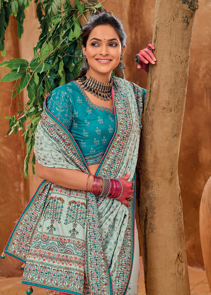 Buy Now Grey Kachhi & Mirror Work Traditional Banarasi Saree Online in USA, UK, Canada & Worldwide at Empress Clothing.