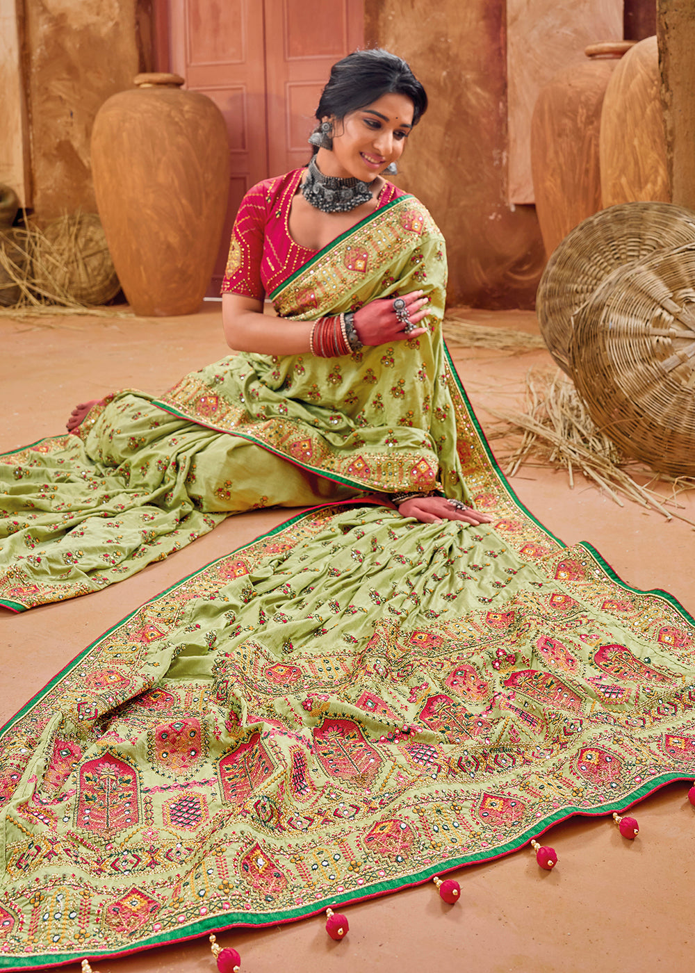 Teal Green Designer Embroidered Silk Saree – Zari Banaras