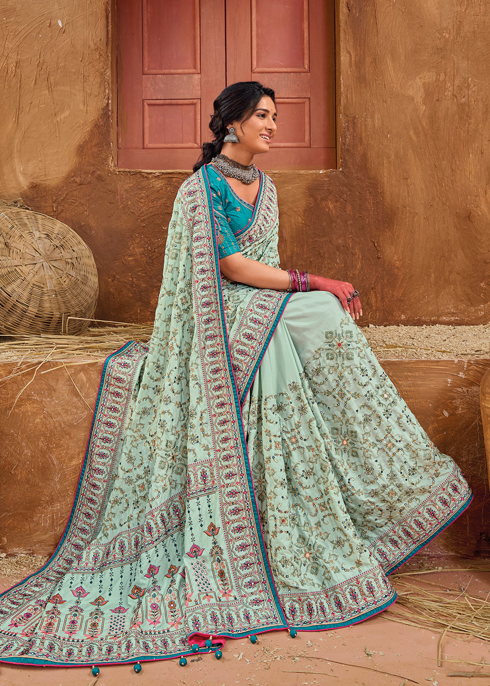 Buy Now Blue Kachhi & Mirror Work Traditional Banarasi Saree Online in USA, UK, Canada & Worldwide at Empress Clothing