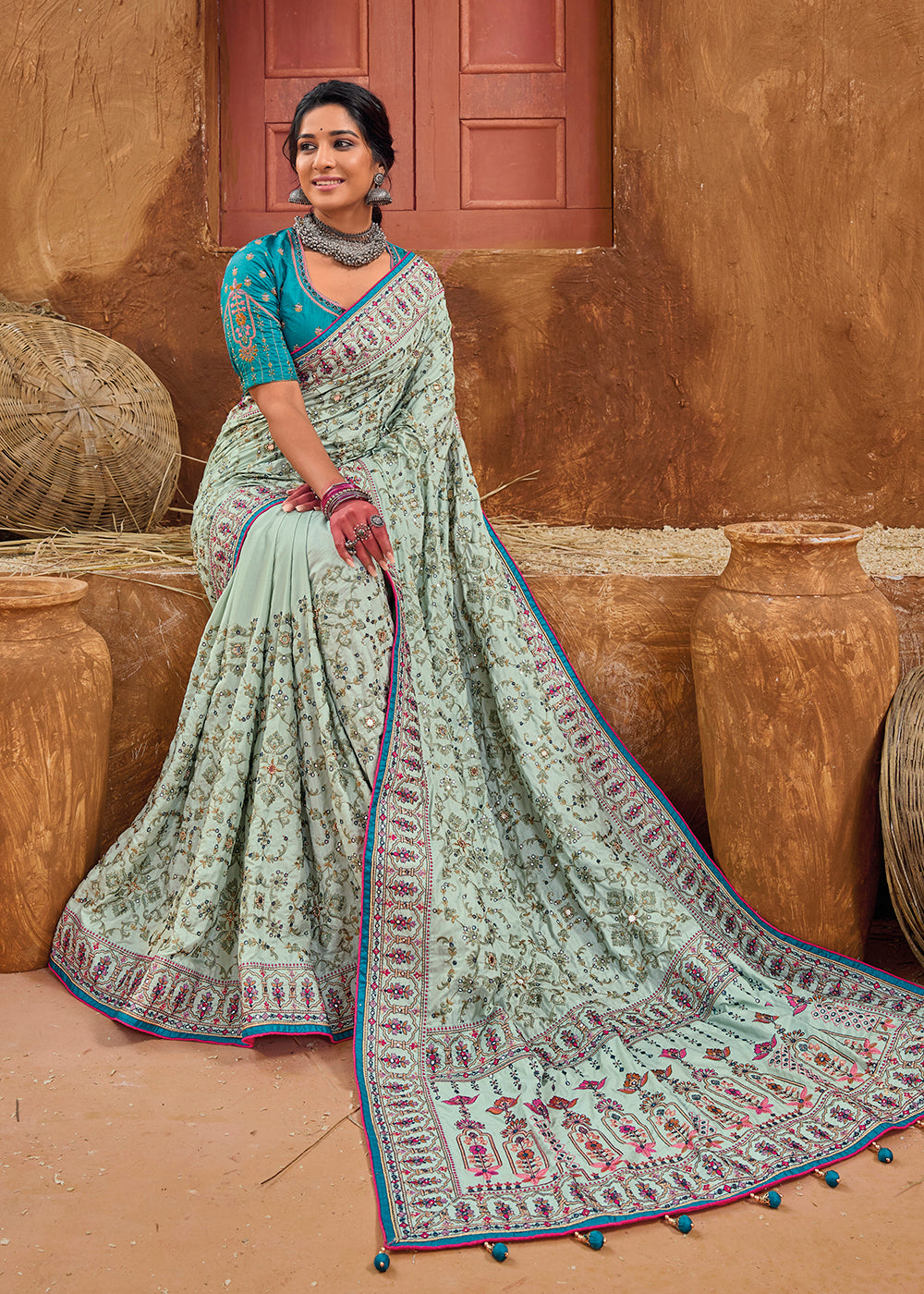 Buy Now Blue Kachhi & Mirror Work Traditional Banarasi Saree Online in USA, UK, Canada & Worldwide at Empress Clothing