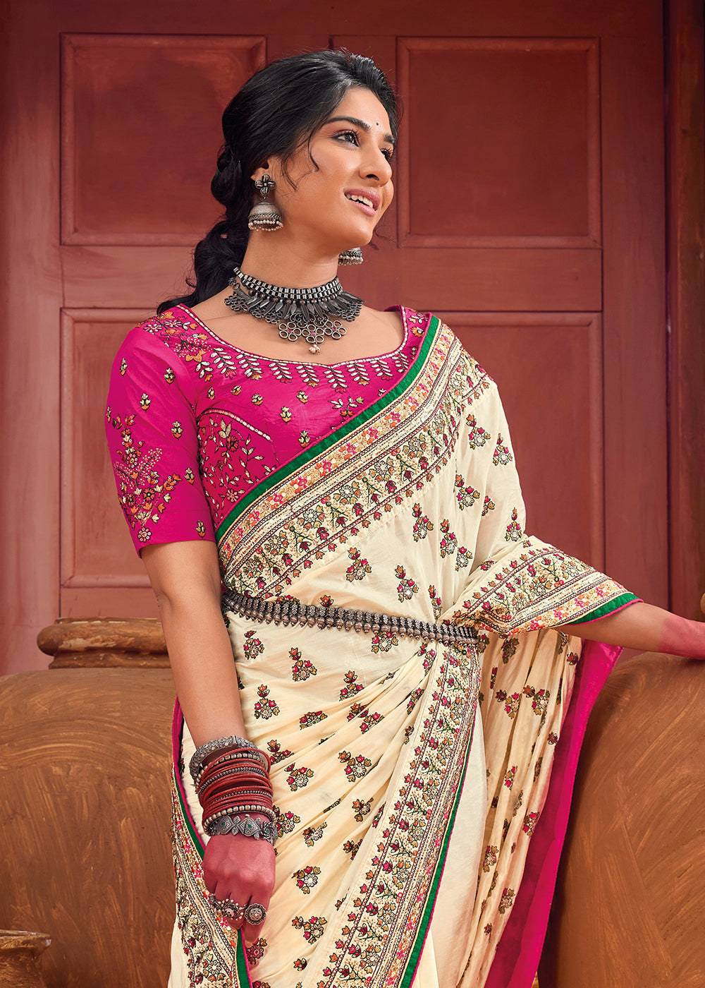 Buy Now Cream Kachhi & Mirror Work Traditional Banarasi Saree Online in USA, UK, Canada & Worldwide at Empress Clothing.