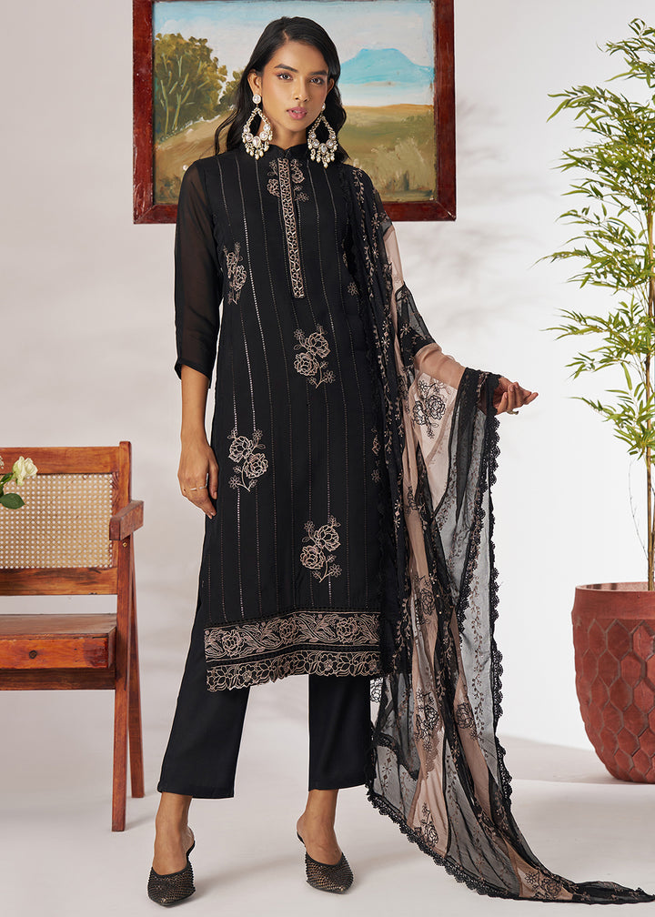 Buy Now Black Organza Embroidered Pant Style Salwar Suit Online in US, UK, Canada, Germany, Italy, France, Austria, Denmark, Australia & Worldwide at Empress.