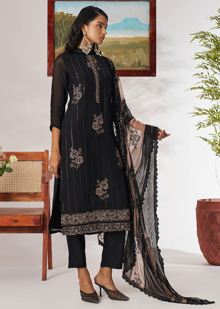 Buy Now Black Organza Embroidered Pant Style Salwar Suit Online in US, UK, Canada, Germany, Italy, France, Austria, Denmark, Australia & Worldwide at Empress.