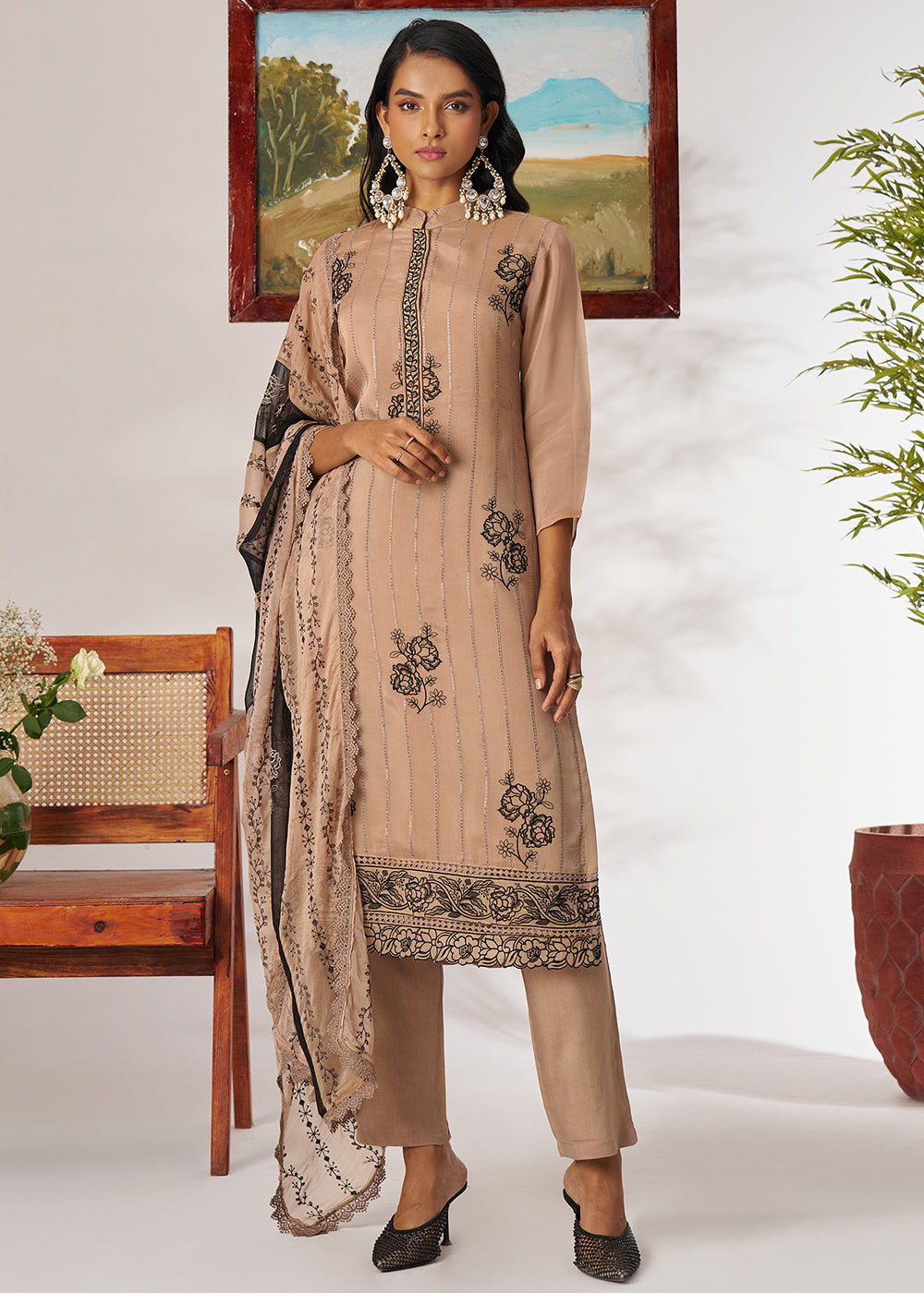 Buy Now Beige Organza Embroidered Pant Style Salwar Suit Online in US, UK, Canada, Germany, Italy, France, Austria, Denmark, Australia & Worldwide at Empress.