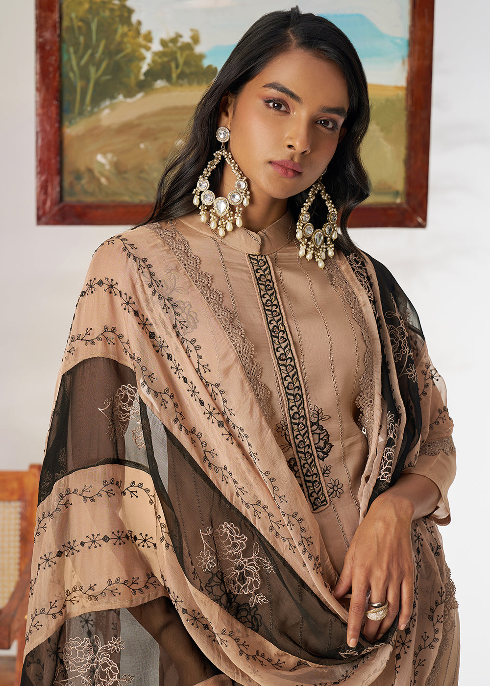Buy Now Beige Organza Embroidered Pant Style Salwar Suit Online in US, UK, Canada, Germany, Italy, France, Austria, Denmark, Australia & Worldwide at Empress.
