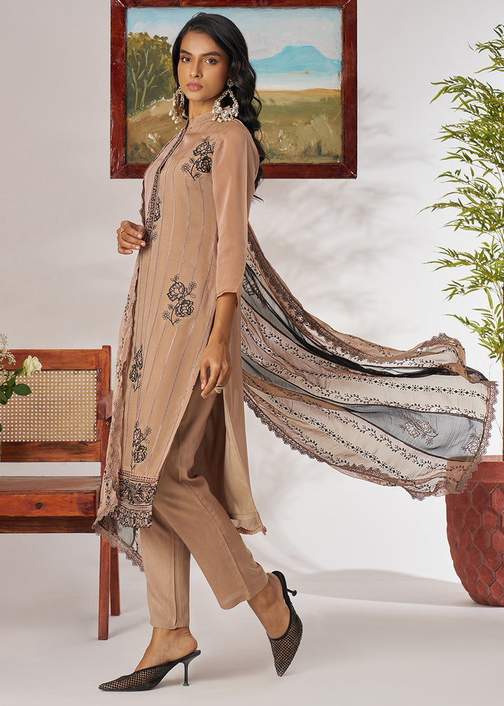 Buy Now Beige Organza Embroidered Pant Style Salwar Suit Online in US, UK, Canada, Germany, Italy, France, Austria, Denmark, Australia & Worldwide at Empress.