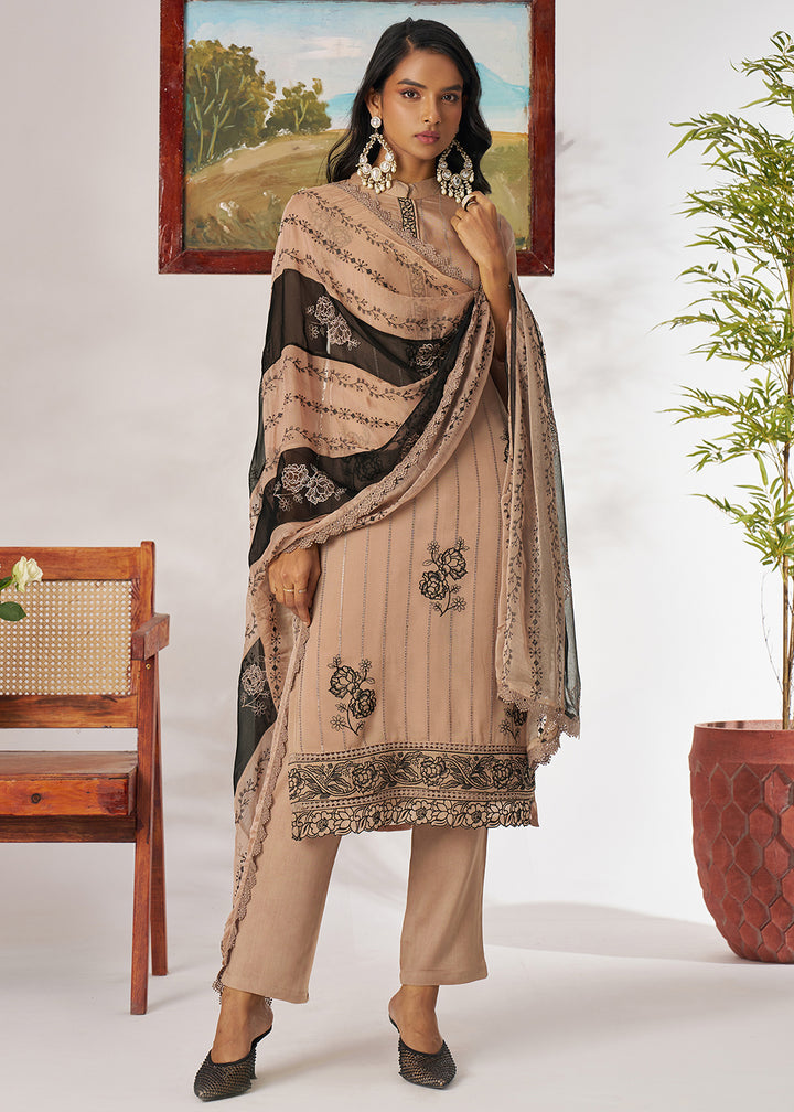 Buy Now Beige Organza Embroidered Pant Style Salwar Suit Online in US, UK, Canada, Germany, Italy, France, Austria, Denmark, Australia & Worldwide at Empress.