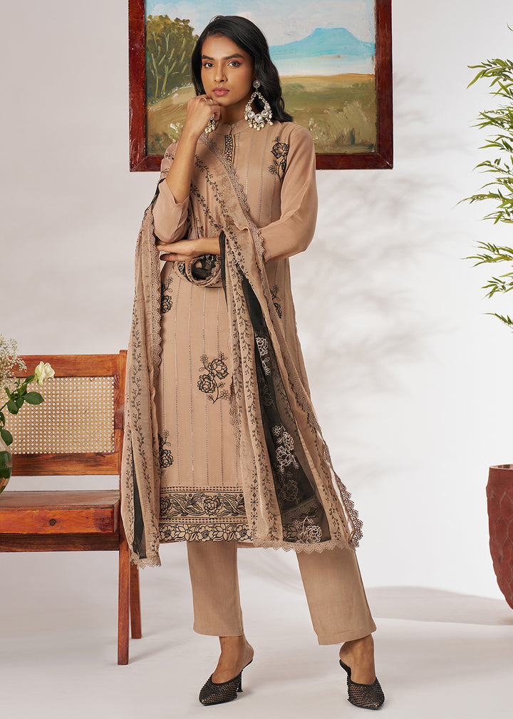 Buy Now Beige Organza Embroidered Pant Style Salwar Suit Online in US, UK, Canada, Germany, Italy, France, Austria, Denmark, Australia & Worldwide at Empress.