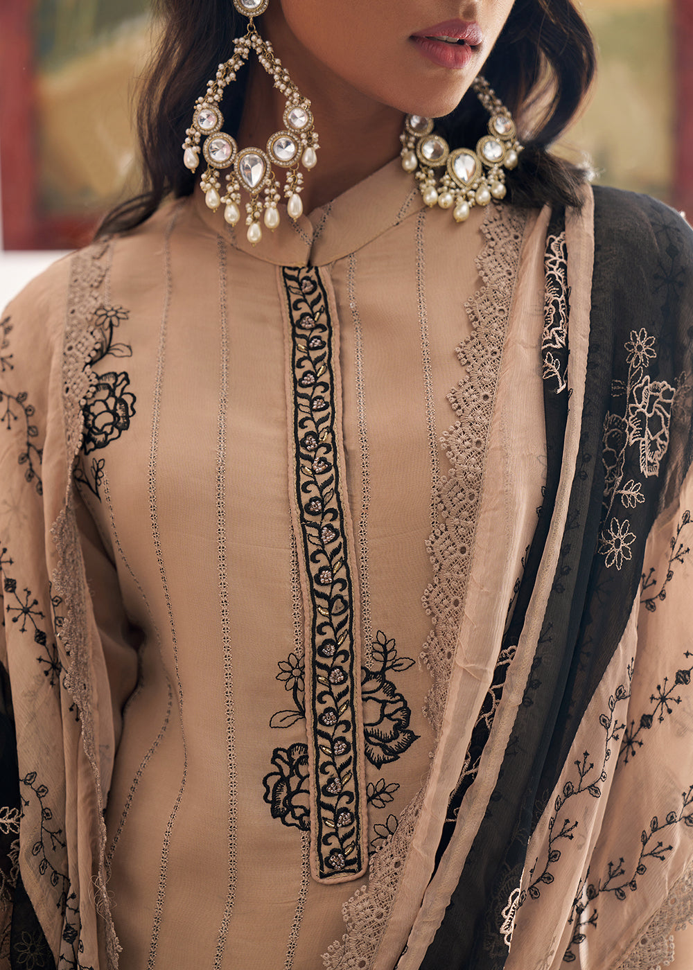 Buy Now Beige Organza Embroidered Pant Style Salwar Suit Online in US, UK, Canada, Germany, Italy, France, Austria, Denmark, Australia & Worldwide at Empress.