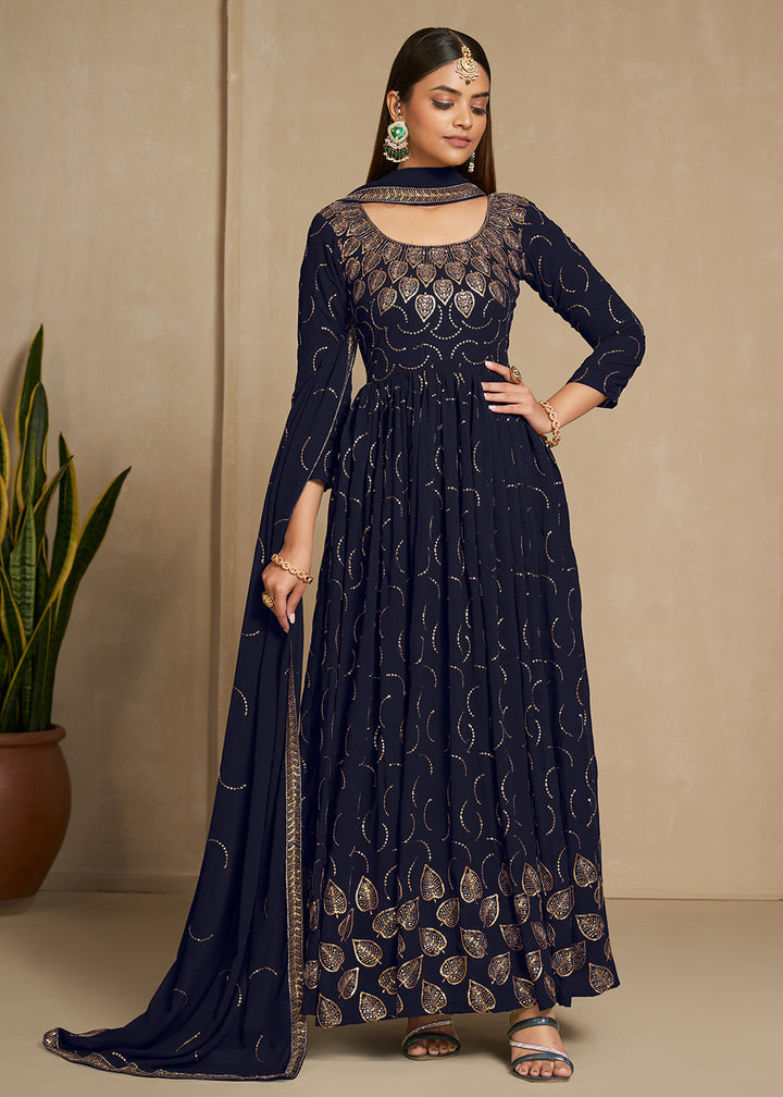 Buy Now Zari & Sequins Embroidered Navy Blue Anarkali Suit Online in USA, UK, Australia, New Zealand, Canada & Worldwide at Empress Clothing.