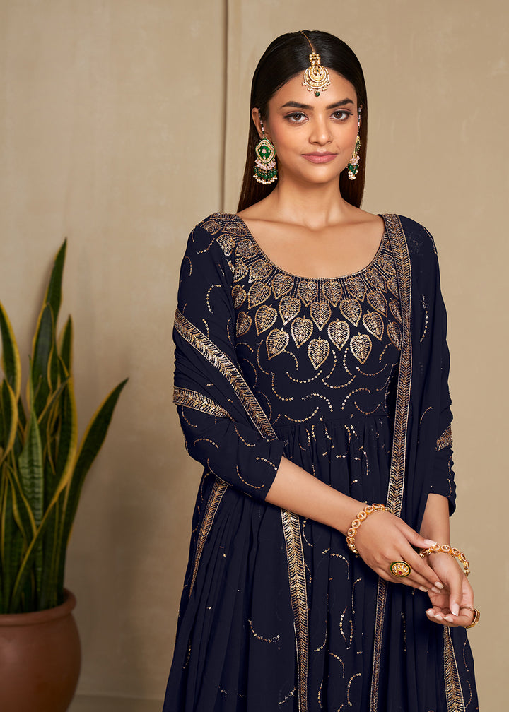 Buy Now Zari & Sequins Embroidered Navy Blue Anarkali Suit Online in USA, UK, Australia, New Zealand, Canada & Worldwide at Empress Clothing.