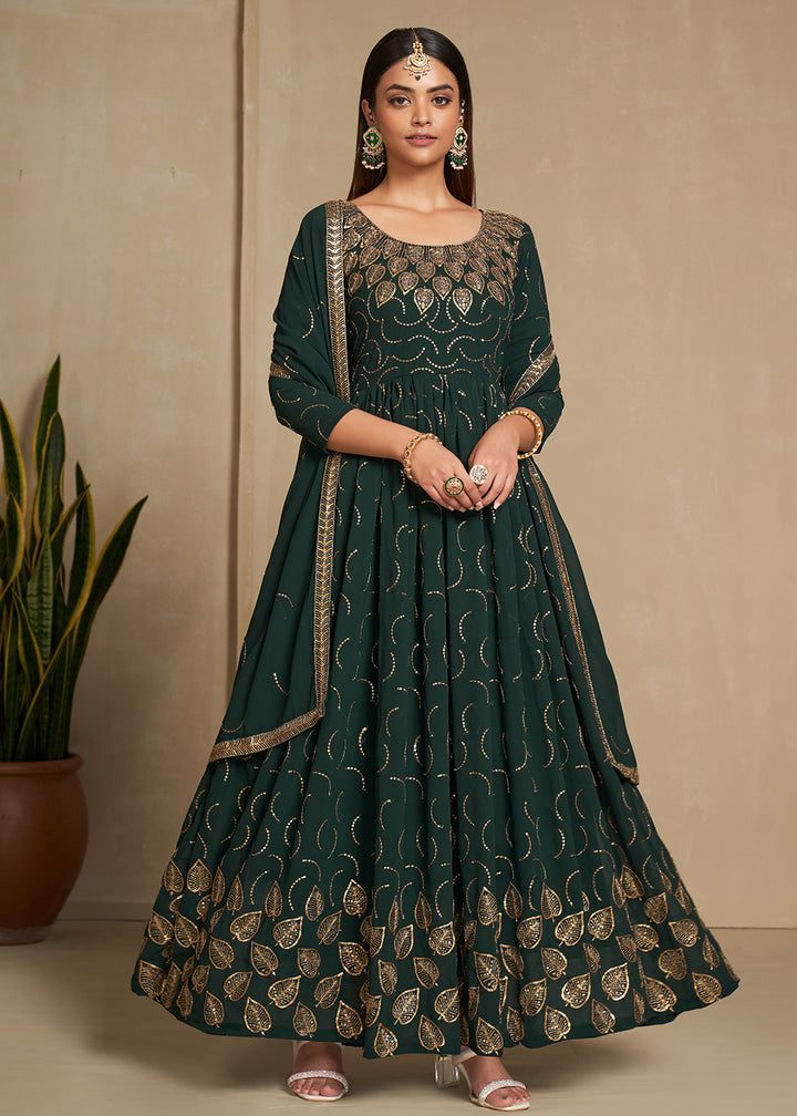 Buy Now Zari & Sequins Embroidered Bottle Green Anarkali Suit Online in USA, UK, Australia, New Zealand, Canada & Worldwide at Empress Clothing. 