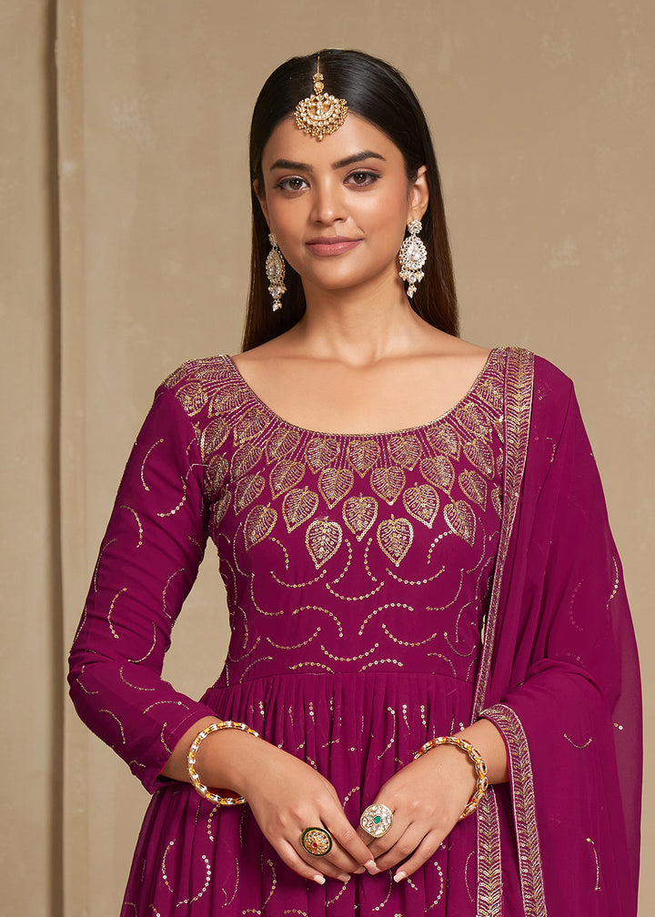 Buy Now Zari & Sequins Embroidered Cherry Pink Anarkali Suit Online in USA, UK, Australia, New Zealand, Canada & Worldwide at Empress Clothing. 