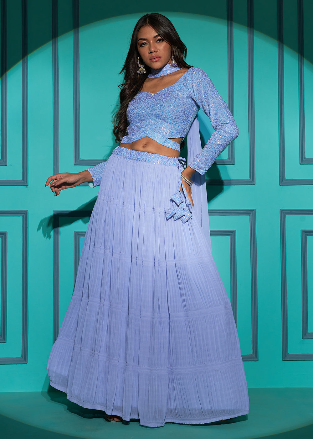 Buy Now Exquisite Dusty Blue Georgette Wedding Party Lehenga Choli Online in USA, UK, Canada & Worldwide at Empress Clothing.