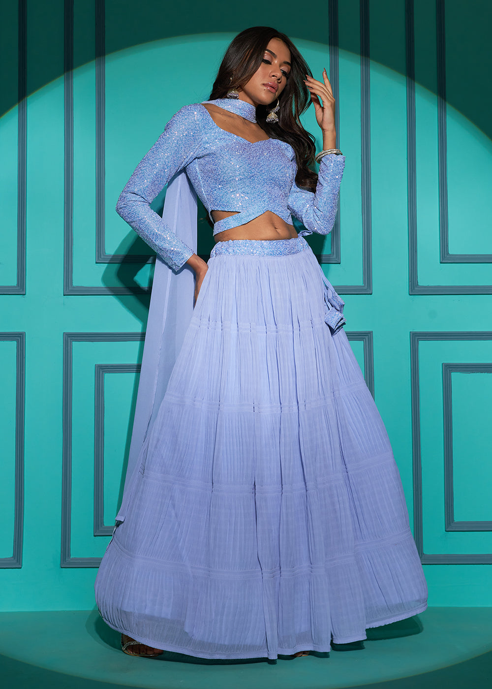 Buy Now Exquisite Dusty Blue Georgette Wedding Party Lehenga Choli Online in USA, UK, Canada & Worldwide at Empress Clothing.