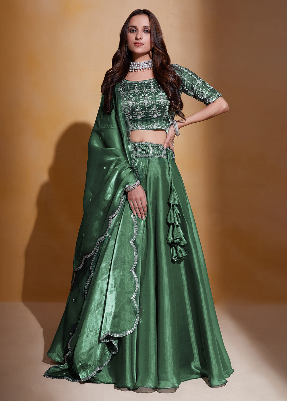 Buy Now Green Organza Silk A Line Festive Party Lehenga Choli Online in USA, UK, Canada & Worldwide at Empress Clothing. 