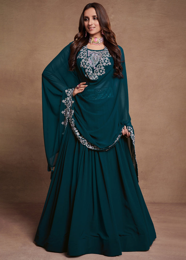 Buy Now Blooming Georgette Teal Blue Embroidered Festive Lehenga Choli Online in USA, UK, Canada & Worldwide at Empress Clothing. 