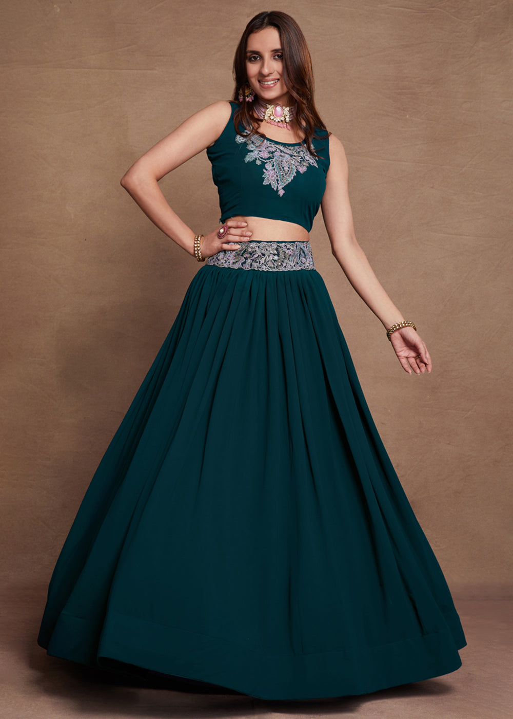 Buy Now Blooming Georgette Teal Blue Embroidered Festive Lehenga Choli Online in USA, UK, Canada & Worldwide at Empress Clothing. 