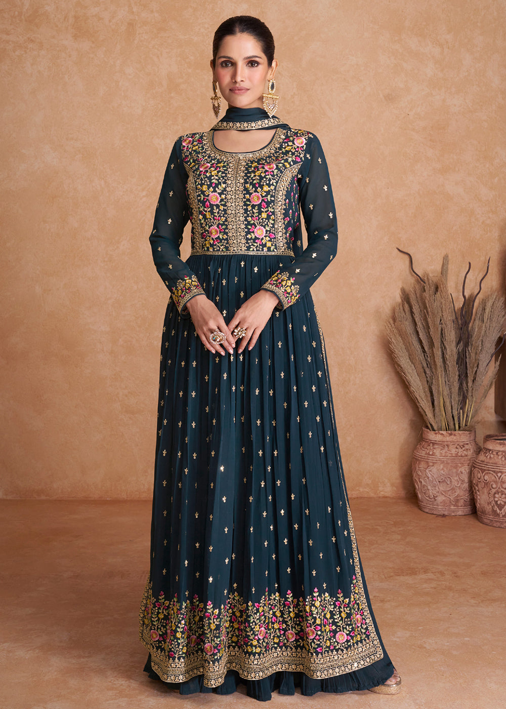 Buy Now Blue Wedding Long Top Georgette Palazzo Salwar Suit Online in USA, UK, Canada, Germany, Australia & Worldwide at Empress Clothing. 