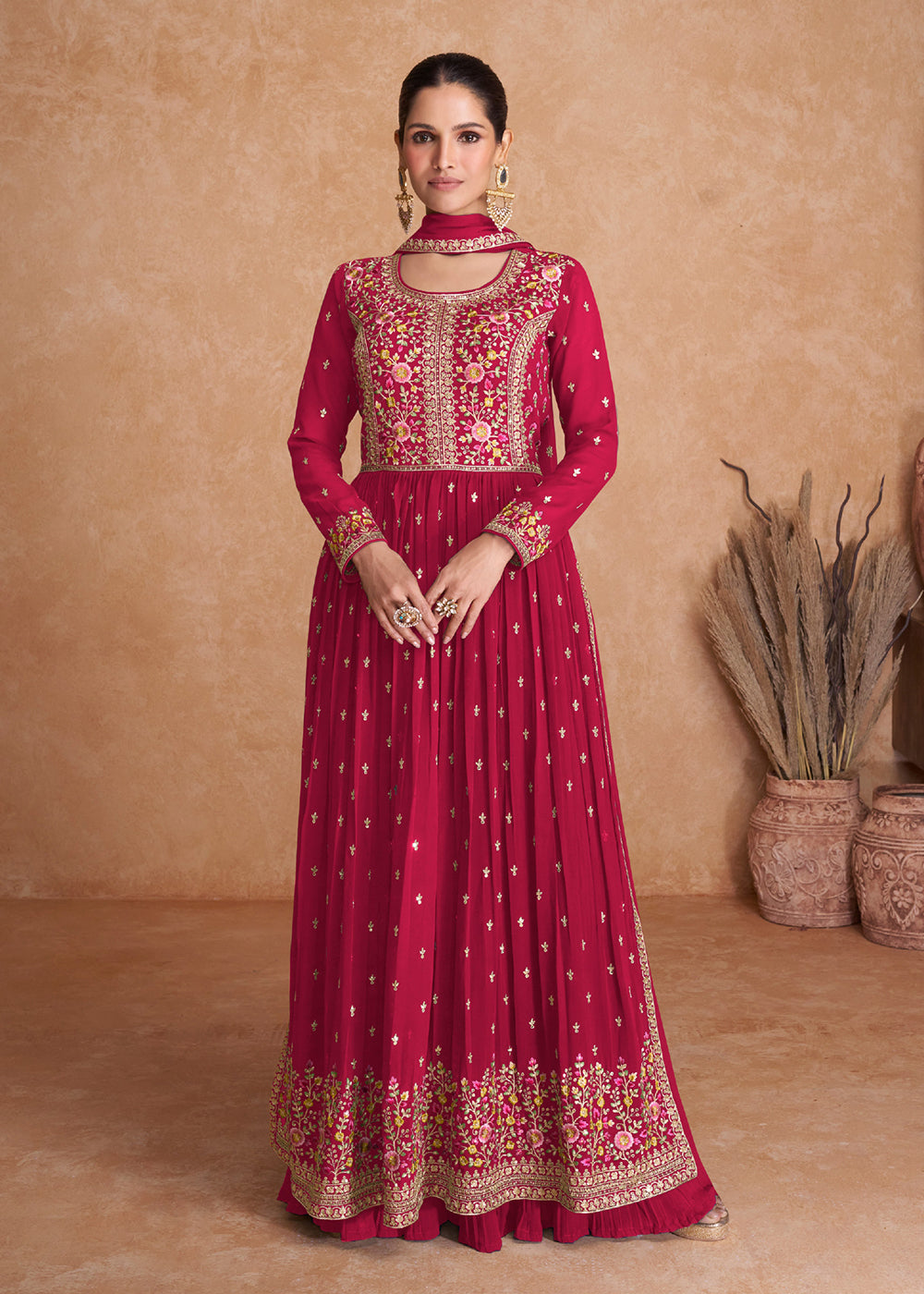 Buy Now Hot Pink Wedding Long Top Georgette Palazzo Salwar Suit Online in USA, UK, Canada, Germany, Australia & Worldwide at Empress Clothing.